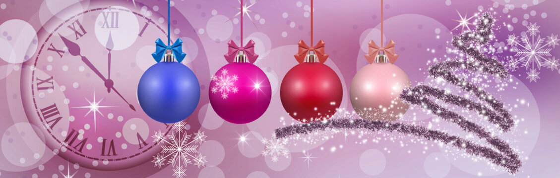 Decorative ornaments and clock celebrating New Year with a festive theme in a cheerful color palette