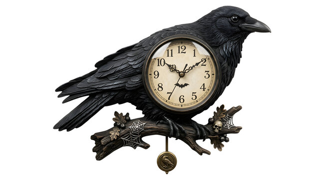Black crow wall clock with pendulum with perched gnarled branch on transparent background