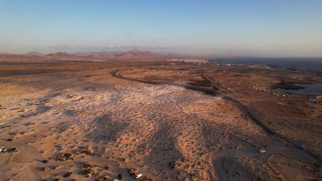 Desert landscape in el Cotillo, Fuerteventura. Aerial at sunset