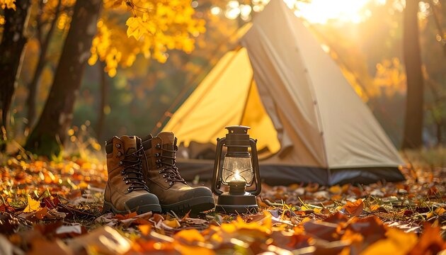 Cozy Autumn Camping Scene with Tent, Hiking Boots, and Glowing Lantern in Forest with Golden Leaves