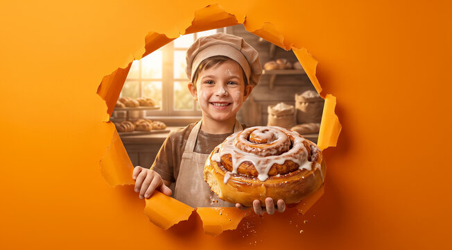 Young boy baker presenting large cinnamon roll through torn orange paper background, flour on face, smiling at camera. Bakery, pastry, childhood, food advertising.