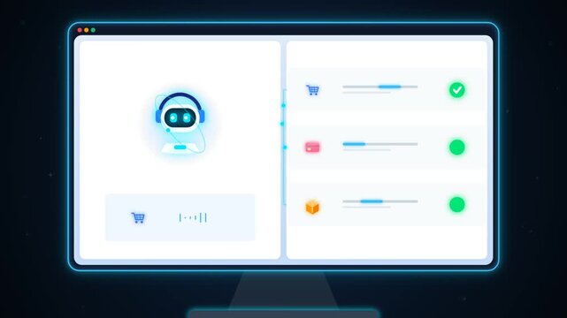 Animated customer support assistant chatbot interface on desktop computer screen with checklist status indicators