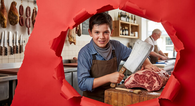 Young boy holding meat cleaver over large raw beef roast on butcher block, red torn paper frame effect. Butcher shop, meat industry, culinary education, food processing.