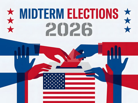 Midterm elections 2026 concept with hands casting ballots into a box