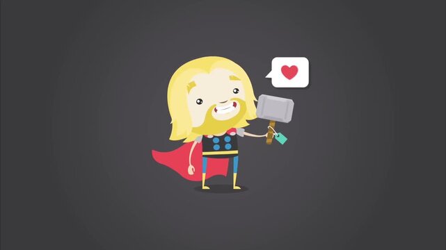 Animated warrior character holding hammer with floating heart bubble appearing in this expressive motion graphic style short digital video clip
