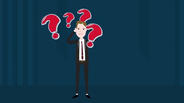 Confused businessman character standing with red question marks in this looping business animation motion graphic for professional corporate presentation usage