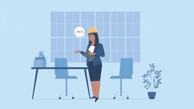 Female construction project manager wearing safety hard hat speaking in professional modern office setting animation video footage for business presentation