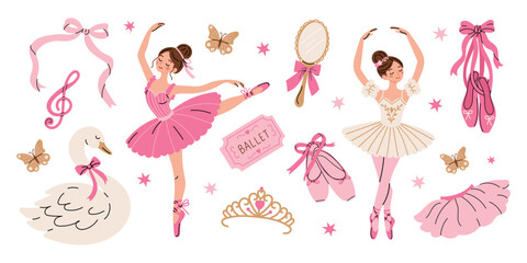 Ballet vector set with ballerinas in tutus, pointe shoes, swan, tiara, ballet ticket and dance accessories. Hand drawn flat illustration collection in pink colors isolated on white background. © Hanna Bykova