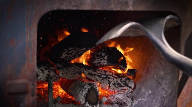 A pitmaster uses a metal shovel to stoke a blazing oak wood fire in a barbecue pit smoker. Sparks fly as glowing embers burn intensely. Close-up shot, slow motion, warm lighting.