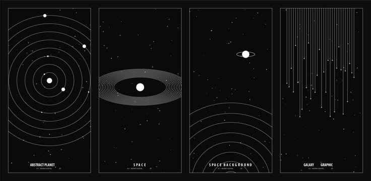 Minimalist celestial solar system poster design featuring geometric planetary alignments and abstract star field illustrations for modern space decor