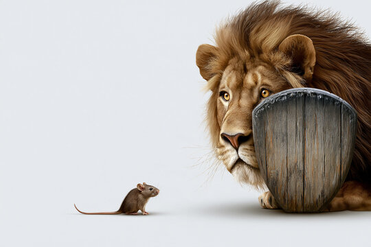 Lion hiding behind wooden shield confronts a tiny mouse in a visual metaphor for cowardice and fears