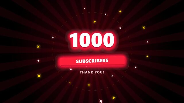 One thousand subscribers celebration banner with red glowing numbers and animated stars on a dark striped background