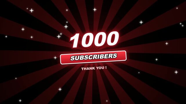 1000 subscribers celebration graphic animation with glowing red text and rays background