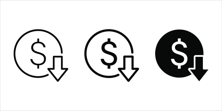 Three variations of a dollar sign with downward arrow icon set