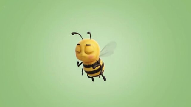 Cute 3D Little Bee Character Characterized by Gentle Flying Motions and a Peaceful Expression Floating Gracefully Against a Soft Green Background