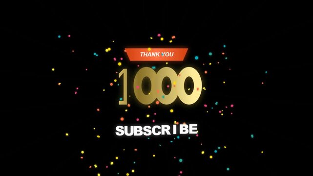 A 1000 subscribers milestone animation with gold numbers and confetti on a black background