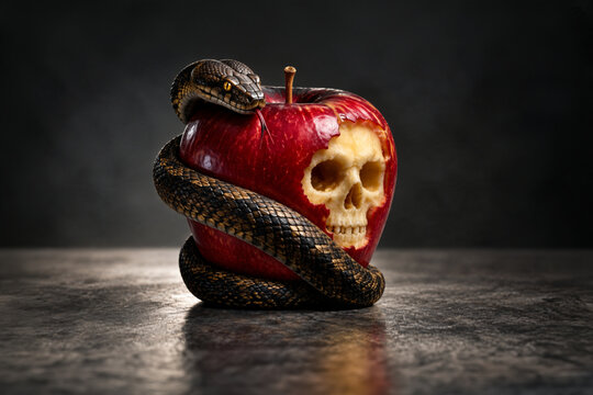 Photorealistic snake coiled around a red apple carved with a skull against a dark ominous background