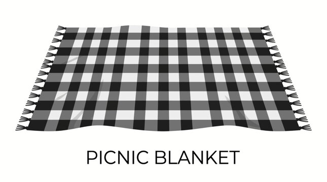 Black and white checkered picnic blanket with soft fabric and fringed edges, neatly spread, isolated on a clean white background. Modern flat vector for outdoor recreation, camping, summer, park