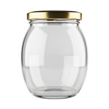 Empty glass jar with metal lid on white background