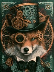Obraz premium Steampunk fox portrait wearing vintage top hat with intricate copper gears, clockwork monocle, and elegant Victorian suit on ornate circular background, detailed digital fantasy artwork