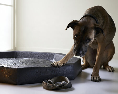 Photorealistic loss friend a sad dog beside a damp training pad with discarded collar of loss friend  on a bright indoor floor