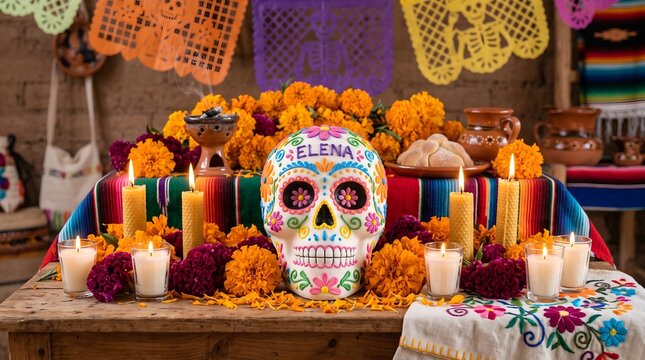 Vibrant Mexican Day of the Dead altar (ofrenda) with a decorated 'Elena' sugar skull, marigolds, lit candles, pan de muerto, and papel picado.
