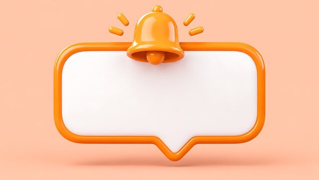 3d rendered notification bell icon on orange glossy speech bubble for website alerts and incoming message system updates.