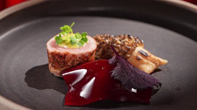 Gourmet plated dish featuring seared meat with morel mushrooms and vibrant red berry reduction