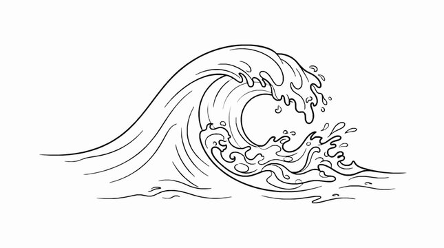 A black and white line art illustration of a powerful ocean wave crashing on water with illustration depicts single