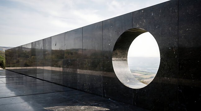 Modern architecture with circular cutout detail.