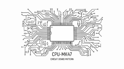 Obraz premium A minimalist black and white line drawing of a central processing unit circuit board layout with technical schematic illustration