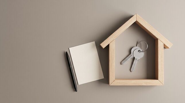 Wooden House Frame with Home Keys, Blank Paper Card and Pen for Real Estate Purchase and Mortgage Concept