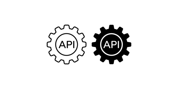 API application programming interface gear icon set in outline and solid black for software development.