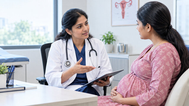 Indian Gynecologist Consulting with a Pregnant Woman in a Modern Clinic