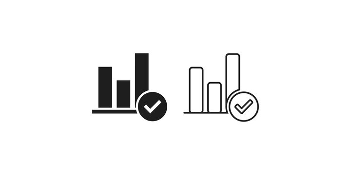 Bar chart data growth icons with check mark verification for business reports and analytics.