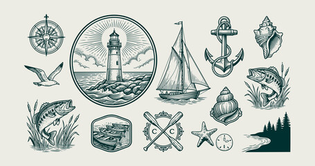 Vintage Nautical and Marine Collection Hand Drawn Vector Illustrations of Lighthouse Anchor Fish and Sailing Boat © Rusa
