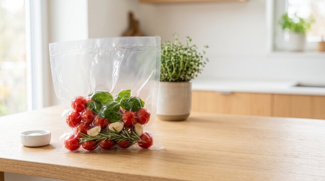 A crumpled vacuum‑sealed bag with herbs and tomatoes on the kitchen table.