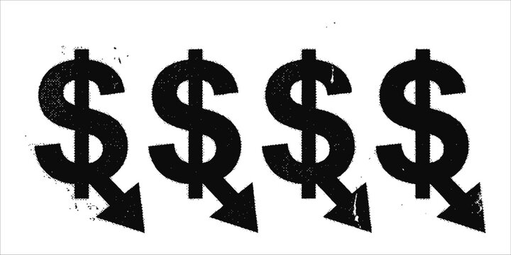Four black dollar signs each with a downward pointing arrow illustrate financial downturn or a decrease in monetary worth on a plain