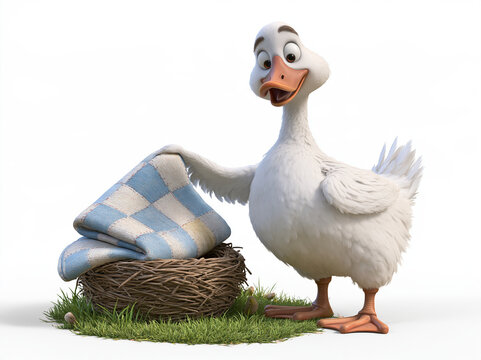 3D rendering of a cheerful white goose holding a plaid blanket by a woven basket on lush green grass