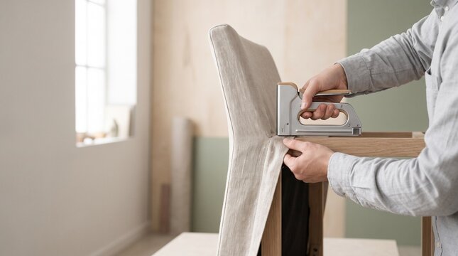 Person upholstering a chair with a staple gun in a cozy room