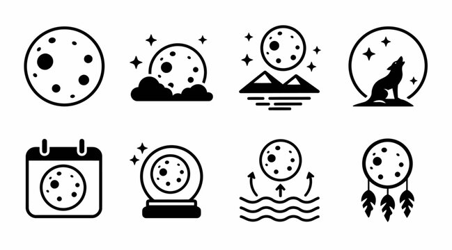 Celestial moon and night sky astrology icon set.