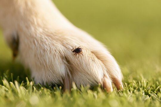Dangerous parasitic tick crawling on furry domestic animal paw standing on green grass lawn outside. Tick is on a dog pet. Veterinary health risks, canine encephalitis threat and lyme disease concept.