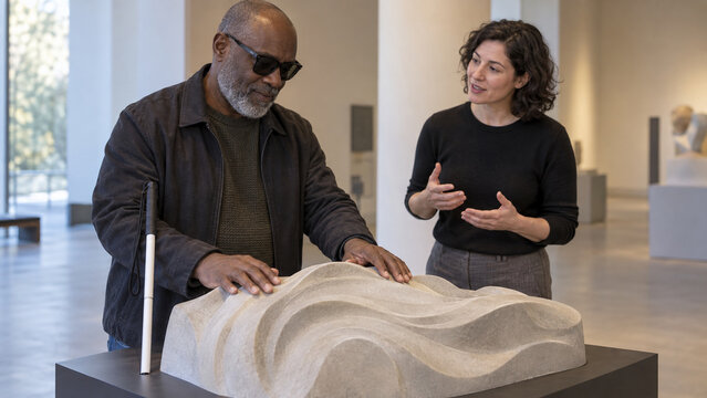 Man and woman viewing abstract sculpture in modern gallery