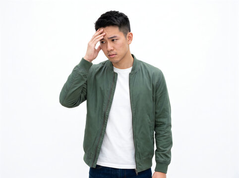 Young Asian man touching forehead in distress isolated on white background