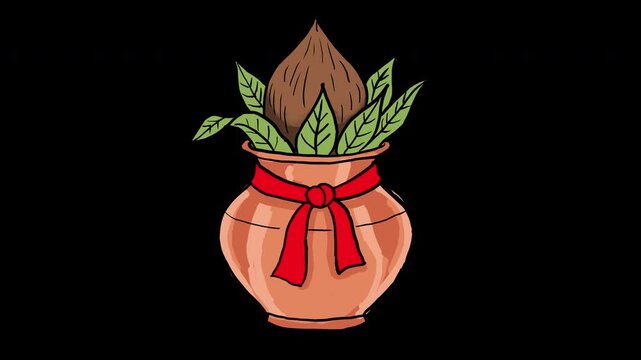 Hand Drawn Hindu Kalash pot Dhanteras doodle with coconut and mango leaves for traditional puja ceremonies 4K Animation with alpha transparent background