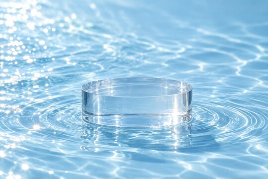 Transparent podium in water with ripples and sunlight reflections
