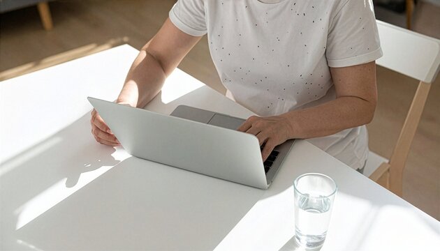 Person using laptop at bright home workspace from high angle