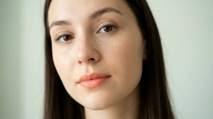 Fototapeta premium Close up portrait of a young woman with natural skin and freckles looking at camera