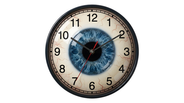 A wall clock with a blue human eye face design with clock realistic on transparent background