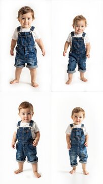 A col of six pictures baby in overalls background creative expression gesture style scene illustration design depth emotion movement figure cartoonish layers colorful elements motion